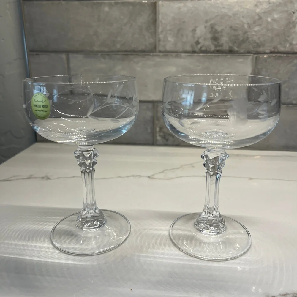 Princess House Vintage Crystal Etched Champagne Coupe Glassware Two Glasses